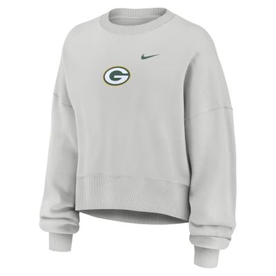 Front view of Nike women's Packers Phoenix crewneck in Photon Dust with team logo and green Nike Swoosh.
