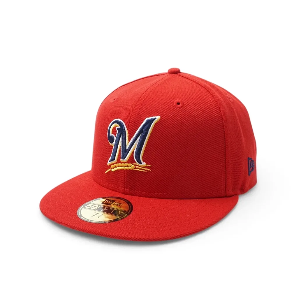 Angled front view of scarlet red Brewers Barley 59FIFTY hat with embroidered logo and flat bill