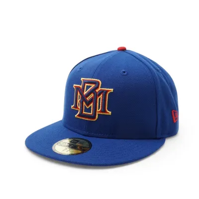 Angled front view of light royal Brewers 59FIFTY hat with embroidered MB logo and red accents