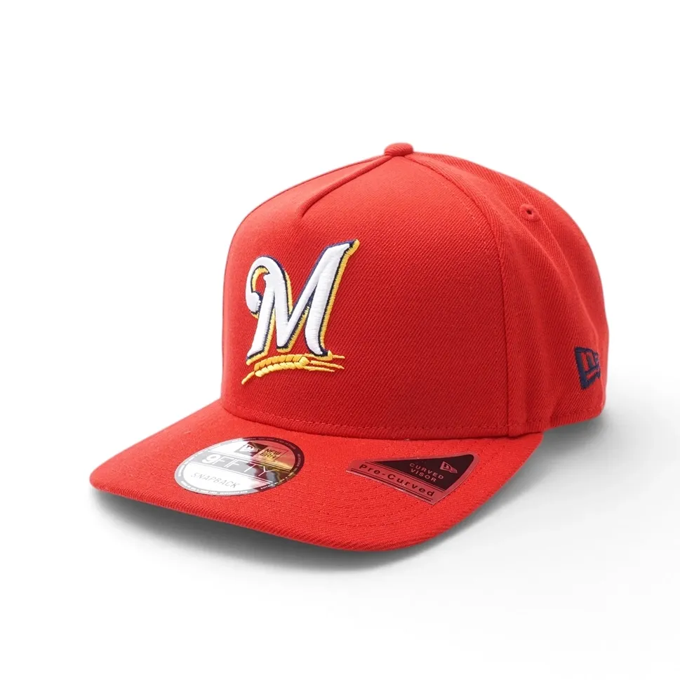 Angled front view of scarlet red Brewers 9FIFTY A-Frame hat with curved bill