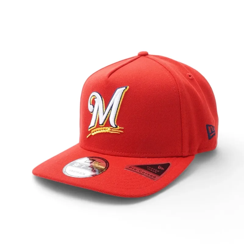 Angled front view of scarlet red Brewers 9FIFTY A-Frame hat with curved bill