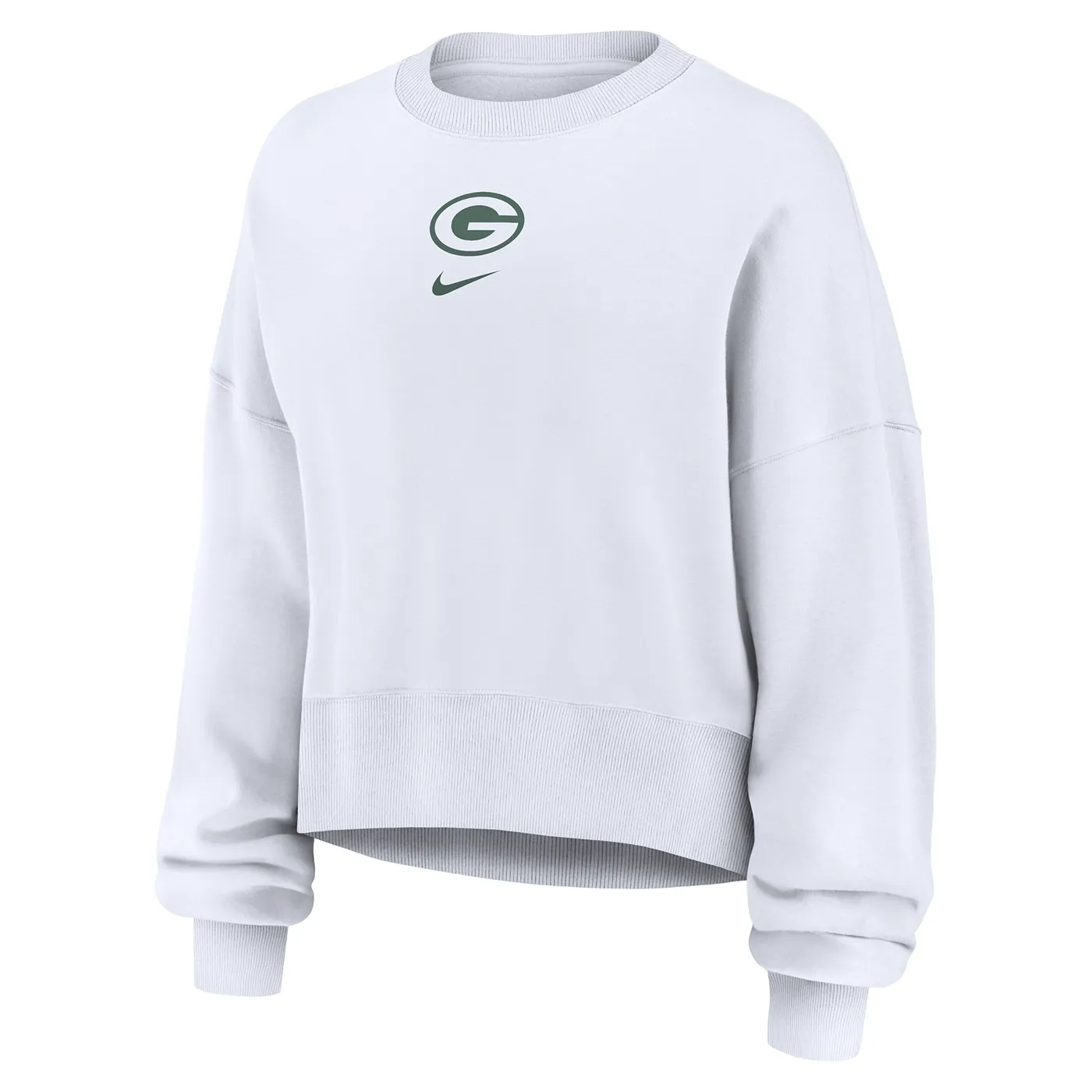 Angled front view of white Nike Packers women’s Phoenix crewneck with a green team logo and Nike Swoosh.
