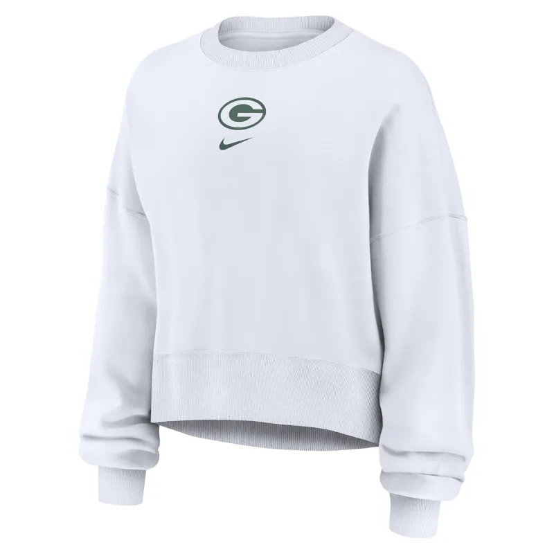 Angled front view of white Nike Packers women’s Phoenix crewneck with a green team logo and Nike Swoosh.