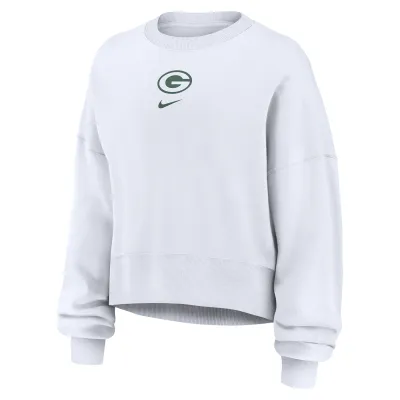 Angled front view of white Nike Packers women’s Phoenix crewneck with a green team logo and Nike Swoosh.