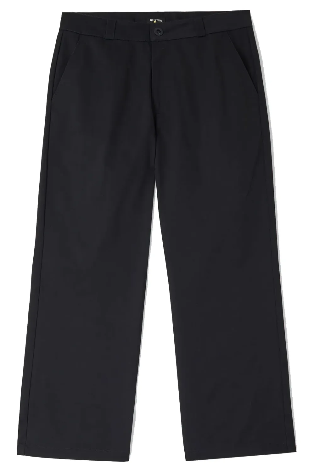 Front view of black Brixton Trademark Chino Pants with slash pockets, button closure and straight legs.