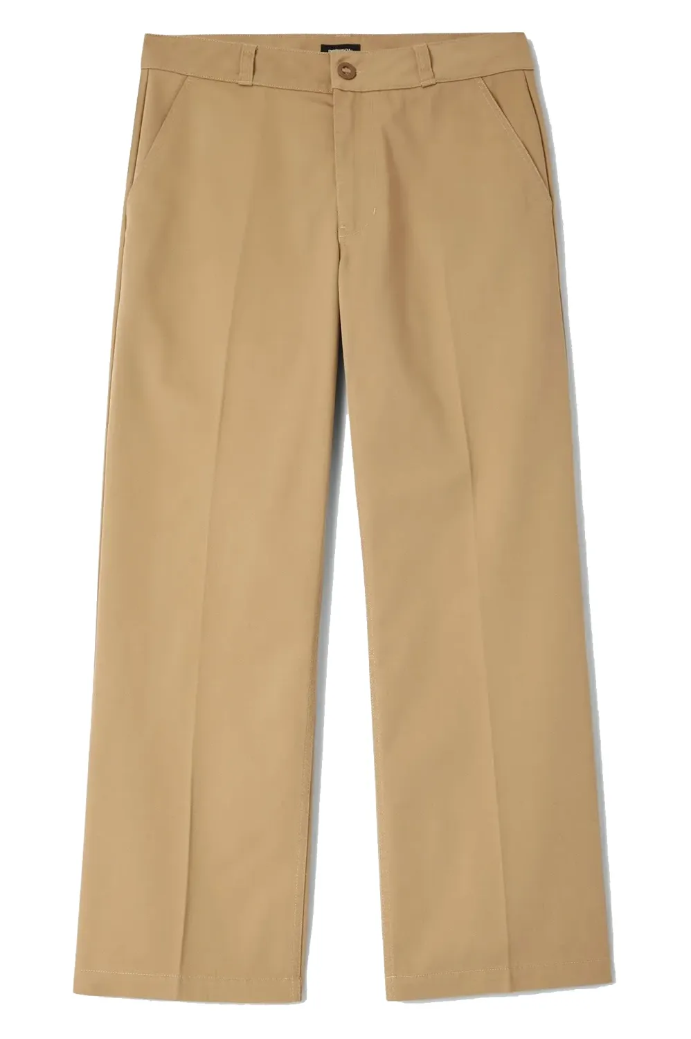 Front view of Brixton Trademark Chino Pants in British Khaki with slash pockets and relaxed straight legs.