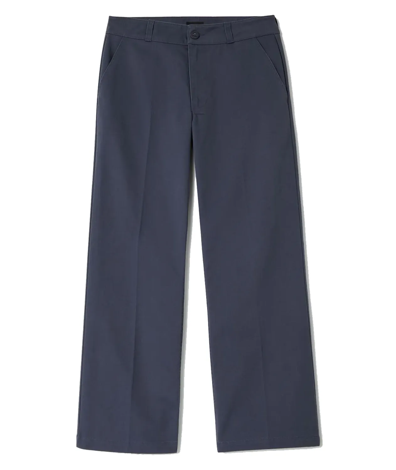 Front view of Washed Navy Brixton Trademark Chino Pants with slash pockets, button closure and straight legs.