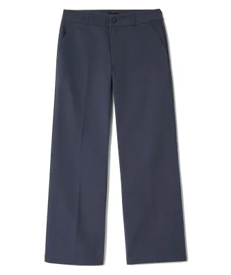 Front view of Washed Navy Brixton Trademark Chino Pants with slash pockets, button closure and straight legs.