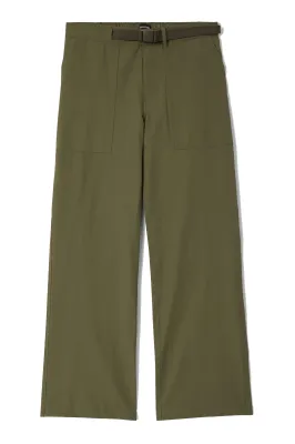 Front view of Dark Olive Brixton Journey Utility Pants with an integrated web belt and relaxed straight legs.