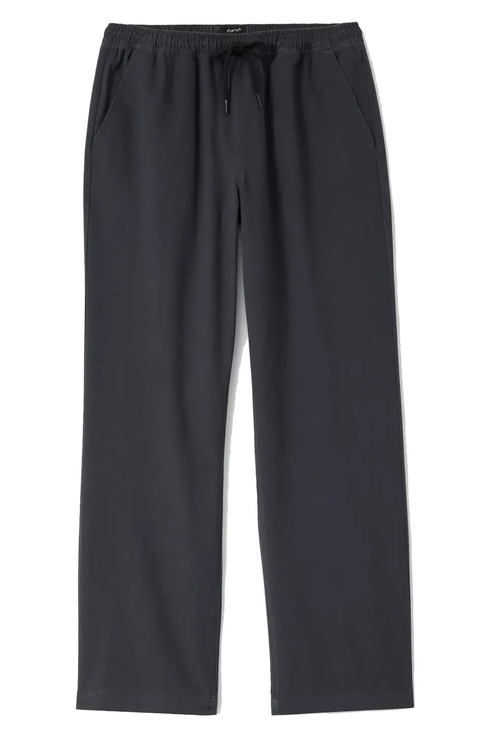 Front view of black Brixton Everyday E-Waist Pants with a drawcord waistband, hand pockets and straight legs.