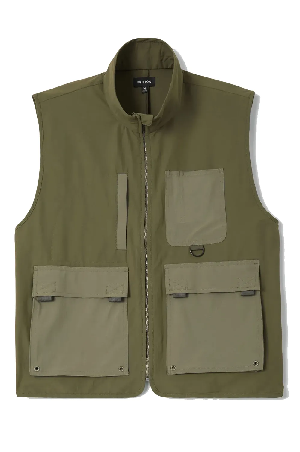 Front view of the Dark Olive Brixton Journey Utility Vest with contrast utility pockets, D-ring and full zipper.
