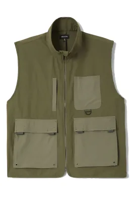 Front view of the Dark Olive Brixton Journey Utility Vest with contrast utility pockets, D-ring and full zipper.
