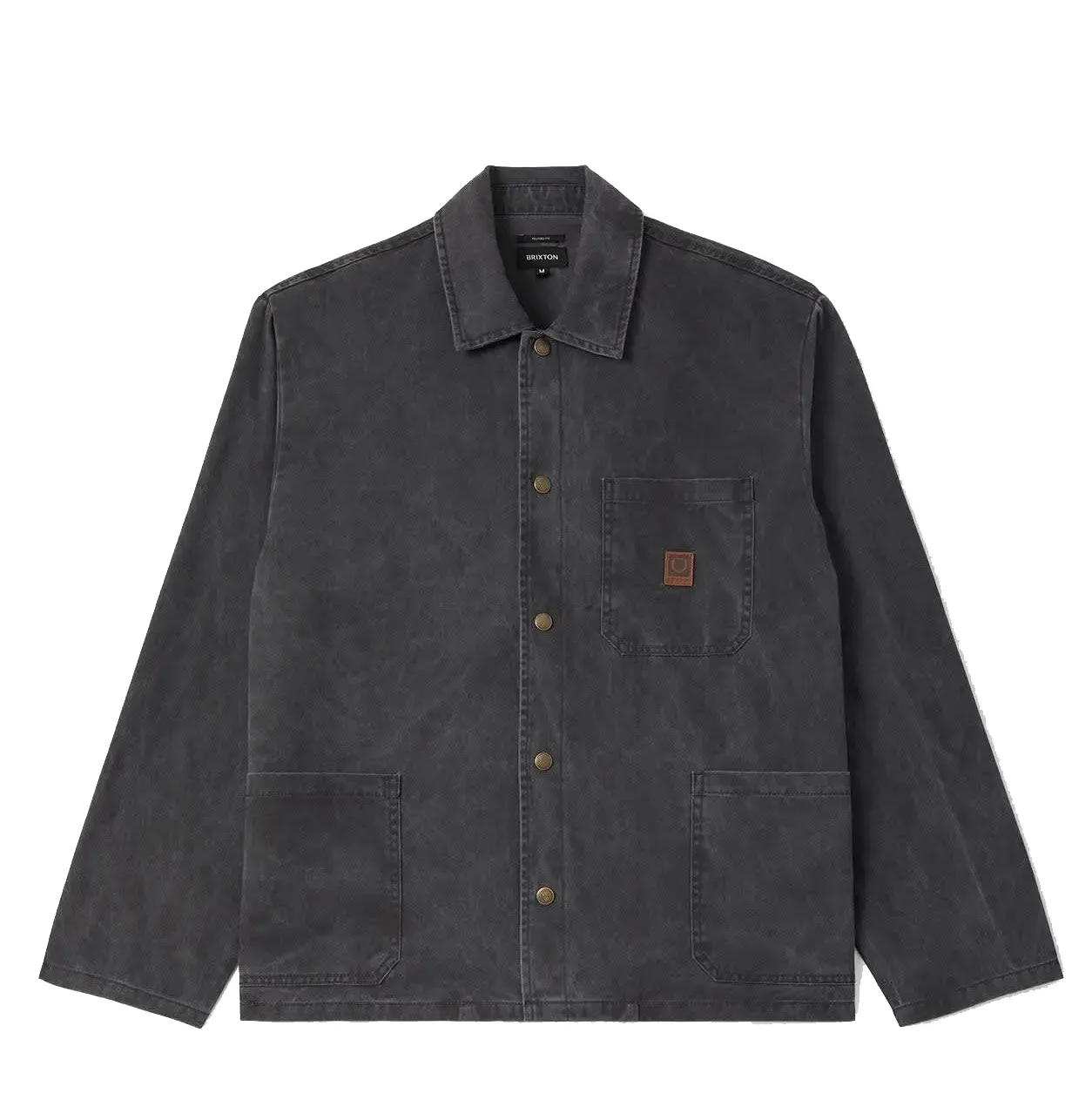 Front view of the Washed Black Brixton Painters Jacket with brass snaps, three patch pockets and a Beta patch.