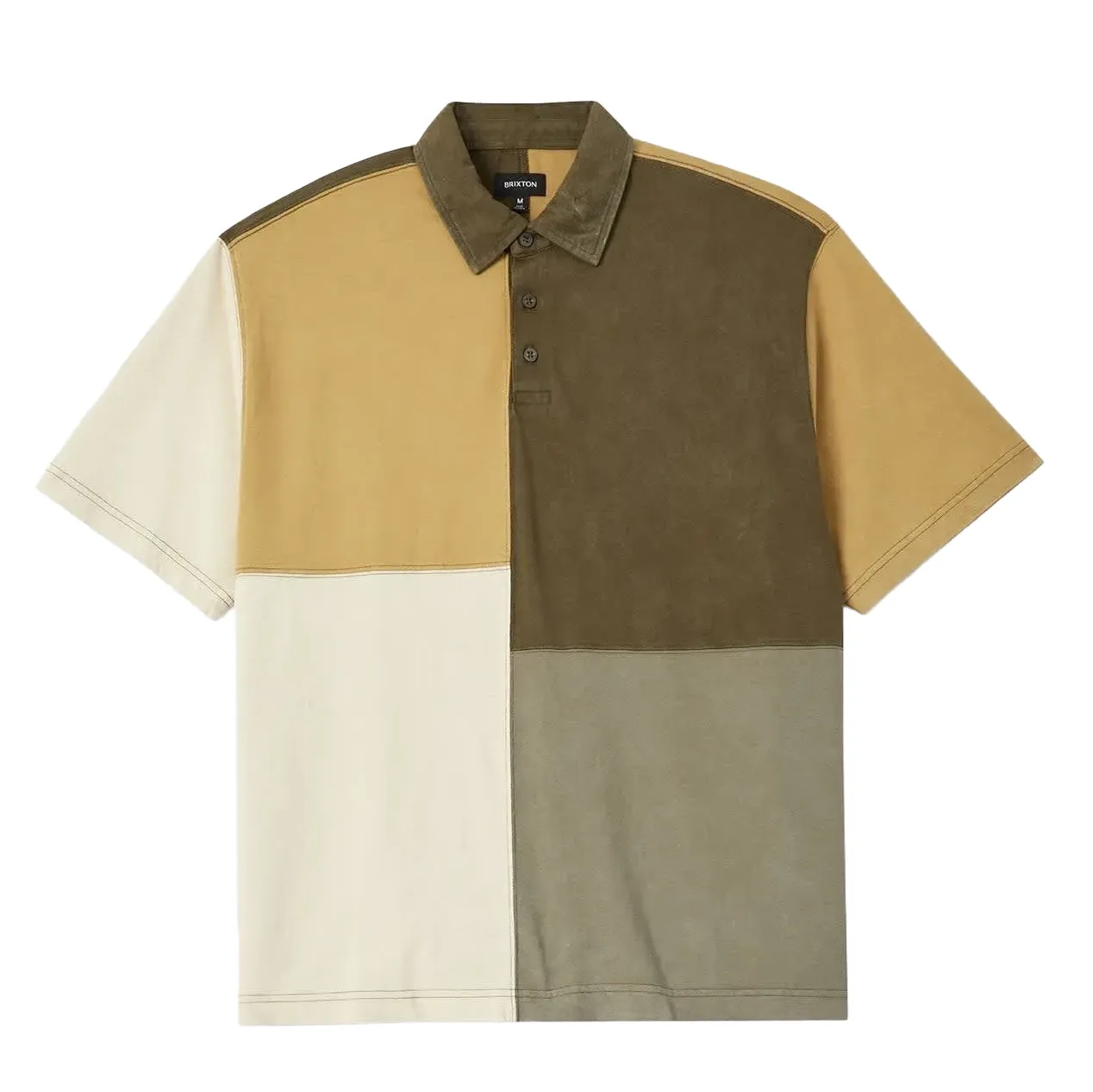 Brixton Deco Polo Tee front in tonal olive, mustard, cream and sage color-block cotton jersey