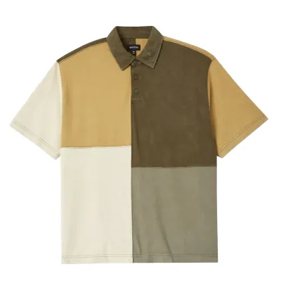 Brixton Deco Polo Tee front in tonal olive, mustard, cream and sage color-block cotton jersey
