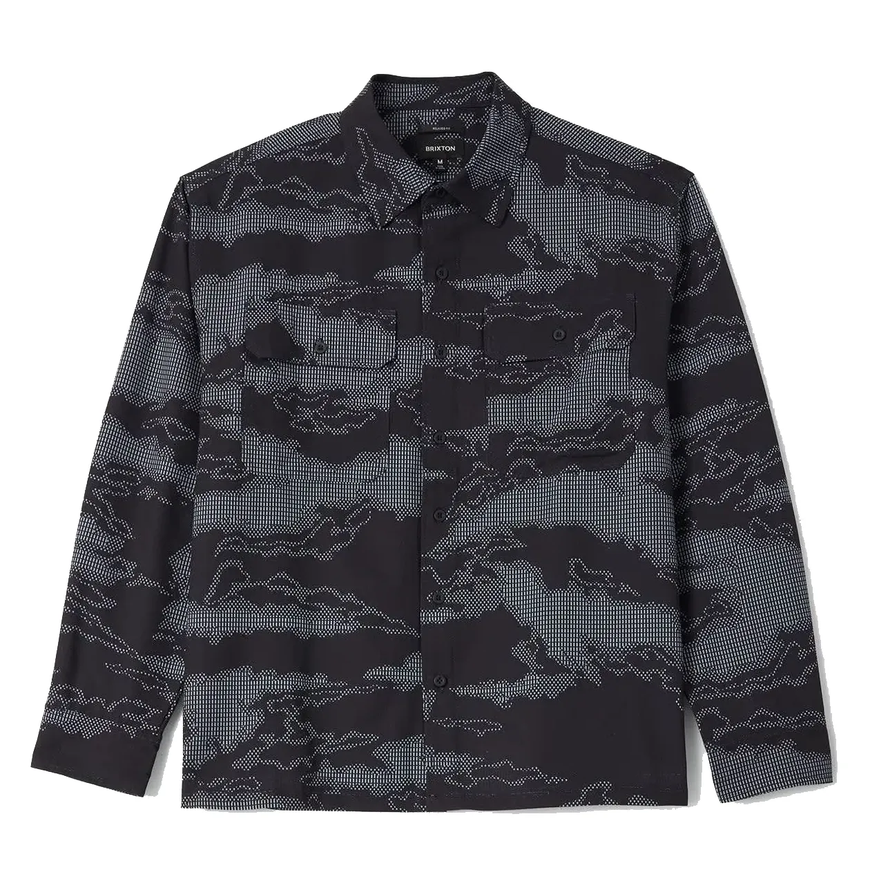 Brixton Journey Lightweight Shirt in black camo with long sleeves and dual flap chest pockets
