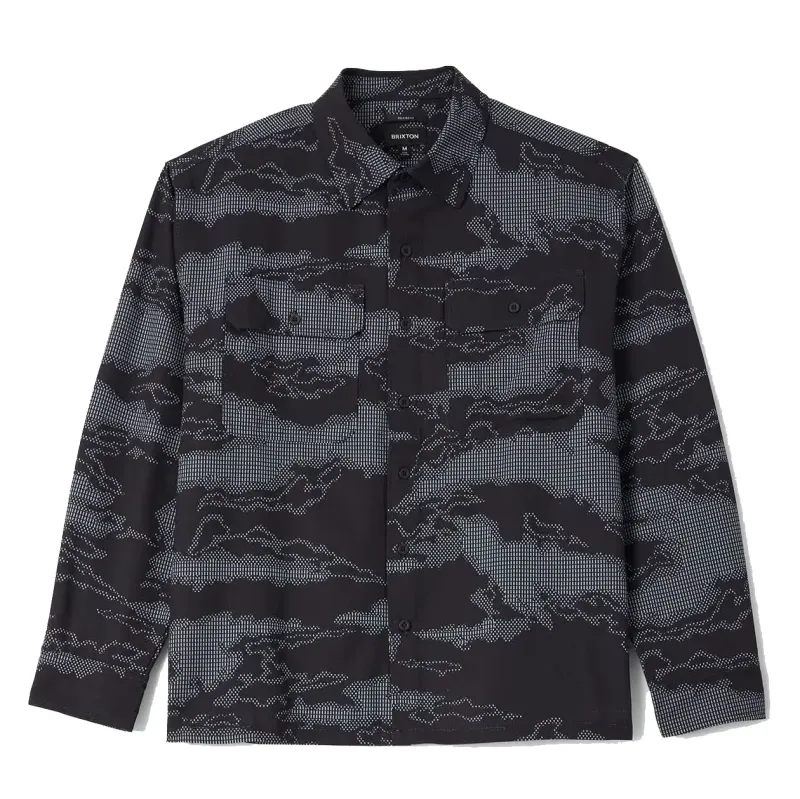 Brixton Journey Lightweight Shirt in black camo with long sleeves and dual flap chest pockets
