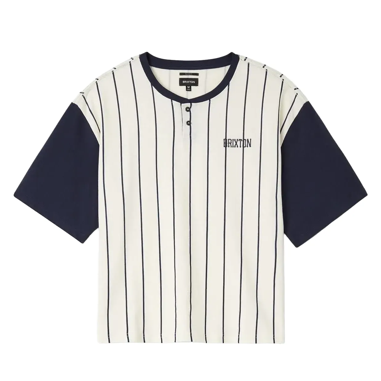 Brixton Boxy Baseball Tee in cream with navy pinstripes, contrast sleeves and chest embroidery
