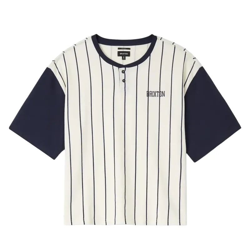 Brixton Boxy Baseball Tee in cream with navy pinstripes, contrast sleeves and chest embroidery