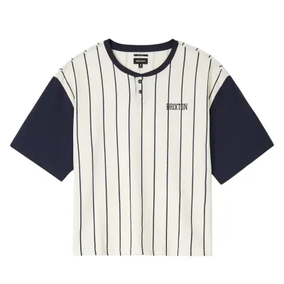 Brixton Boxy Baseball Tee in cream with navy pinstripes, contrast sleeves and chest embroidery