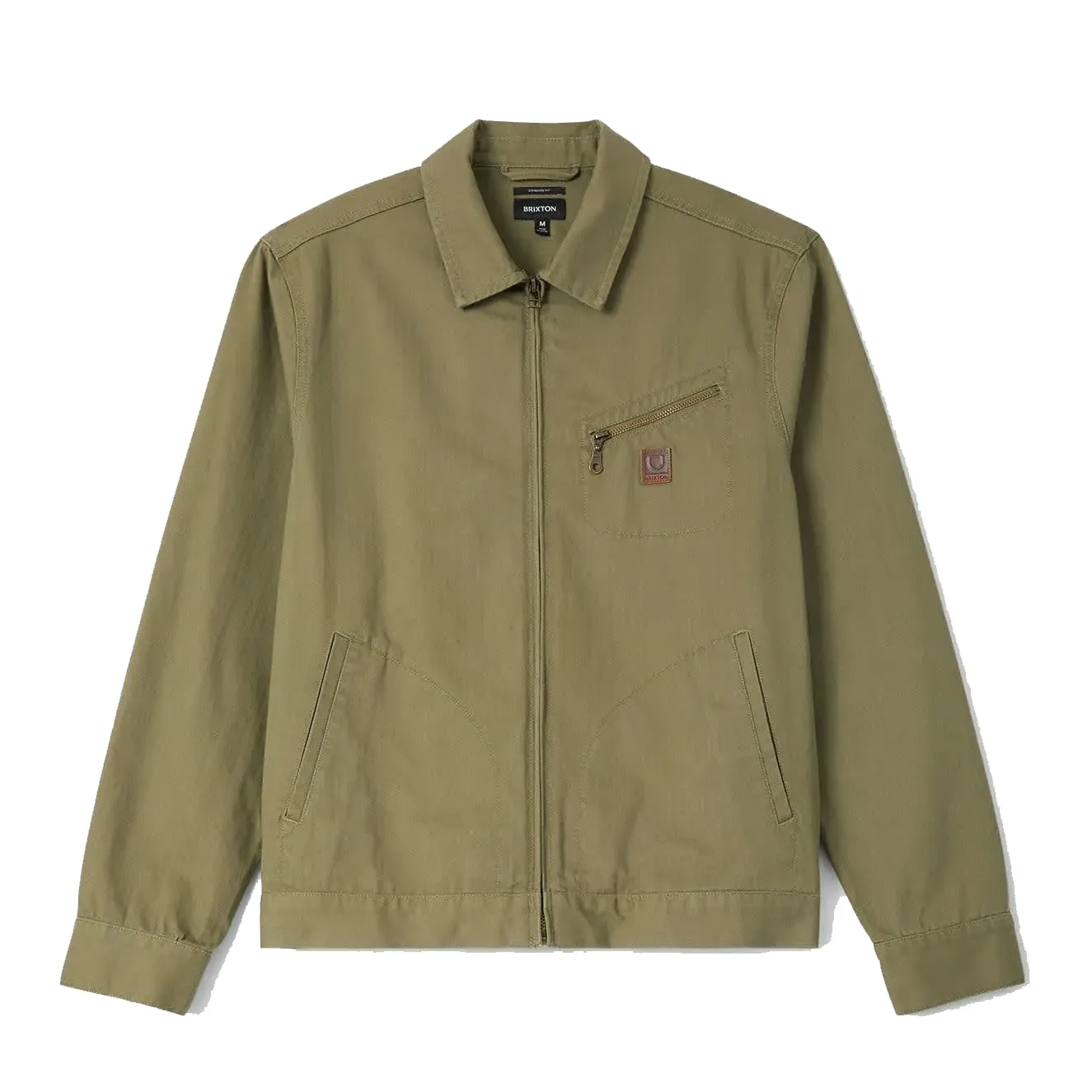 Front view of the Olive Surplus Brixton Mechanic Garage Jacket with metal zipper, chest pocket and Beta patch.