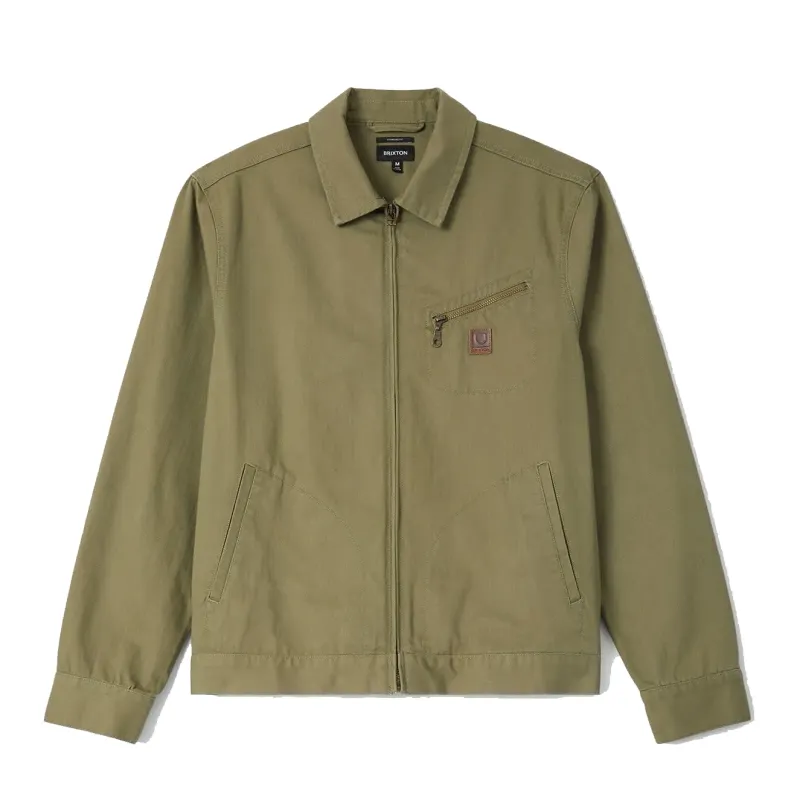 Front view of the Olive Surplus Brixton Mechanic Garage Jacket with metal zipper, chest pocket and Beta patch.
