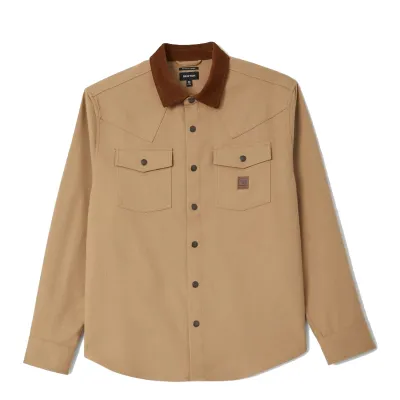 Brixton Bowery Builders Ranch Performance Flannel in khaki with brown corduroy collar