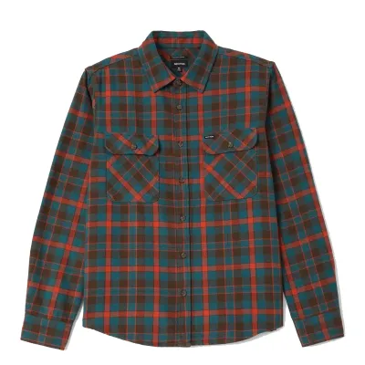 Brixton Bowery Flannel in walnut brown, ultramarine and red plaid with two button-flap chest pockets