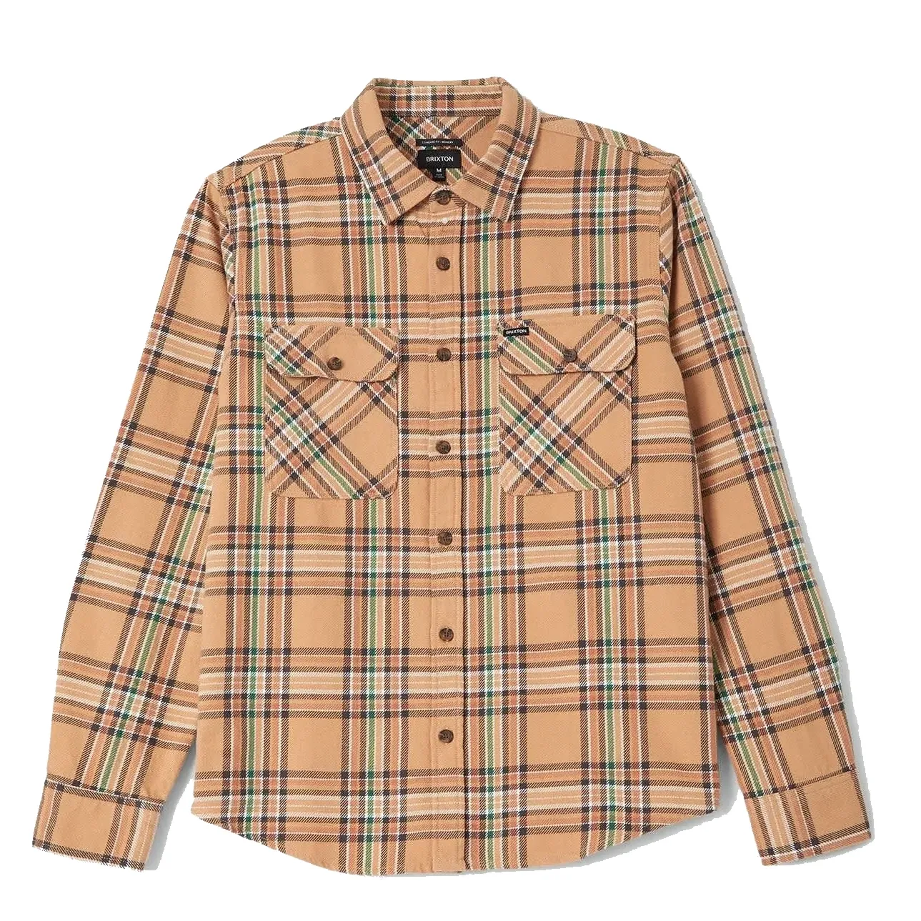 Brixton Bowery Flannel in khaki multicolor plaid with a button front and two flap chest pockets