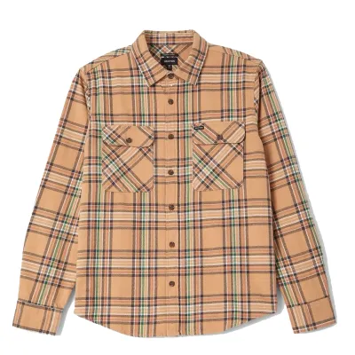 Brixton Bowery Flannel in khaki multicolor plaid with a button front and two flap chest pockets