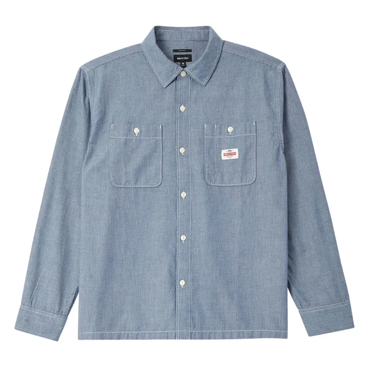 Front view of the Brixton Trademark Shirt in blue chambray micro stripe with two buttoned chest pockets