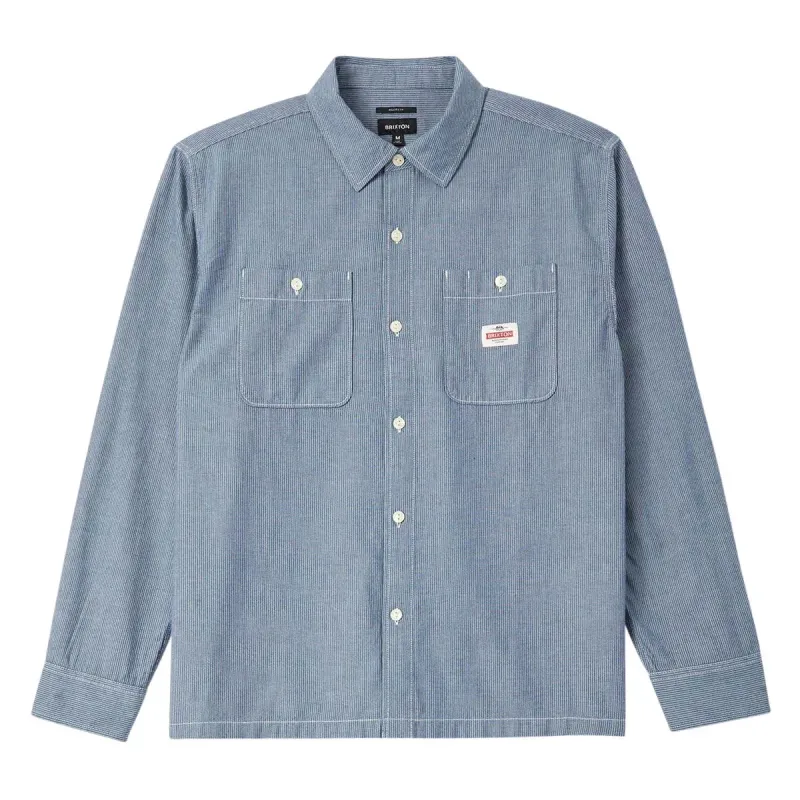 Front view of the Brixton Trademark Shirt in blue chambray micro stripe with two buttoned chest pockets