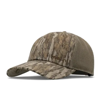 Three-quarter view of the Melin Compass Mossy Oak HYDRO hat with Bottomland camo and DuraLink mesh panels.