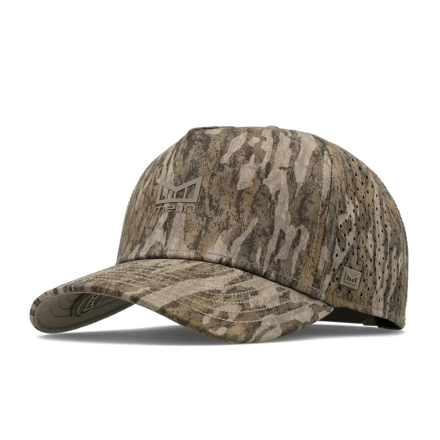 Three-quarter view of the Melin Odysea Mossy Oak HYDRO hat with Bottomland camo, curved visor and tonal logo.