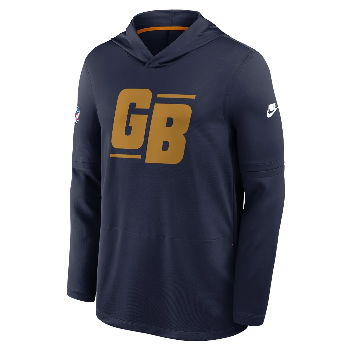 Angled front view of navy Nike Packers Place Kicker hooded top with a large gold Green Bay chest graphic.