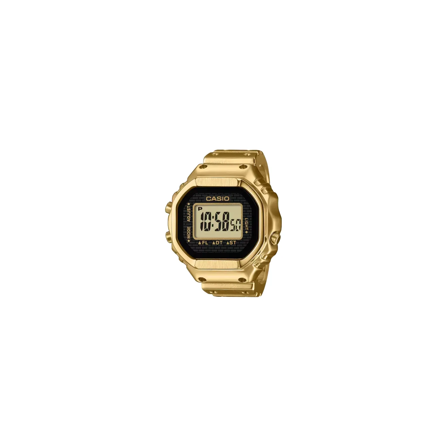 Front angled view of the Casio CRW001G-9 gold ring watch with a black face and digital LCD display.