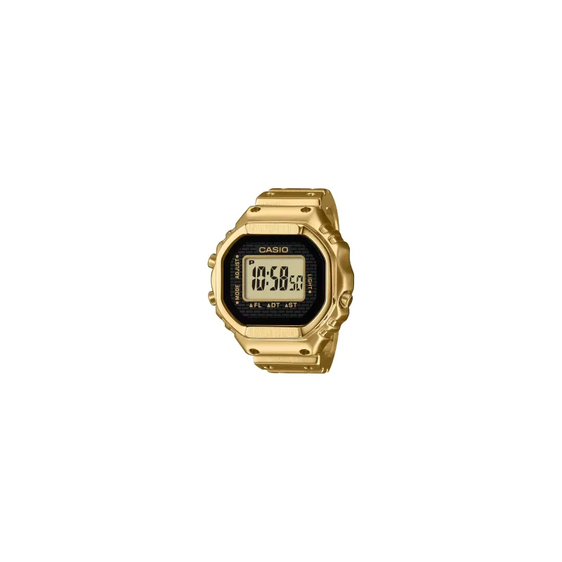 Front angled view of the Casio CRW001G-9 gold ring watch with a black face and digital LCD display.