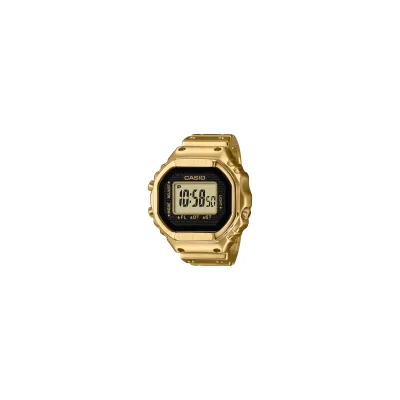 Front angled view of the Casio CRW001G-9 gold ring watch with a black face and digital LCD display.