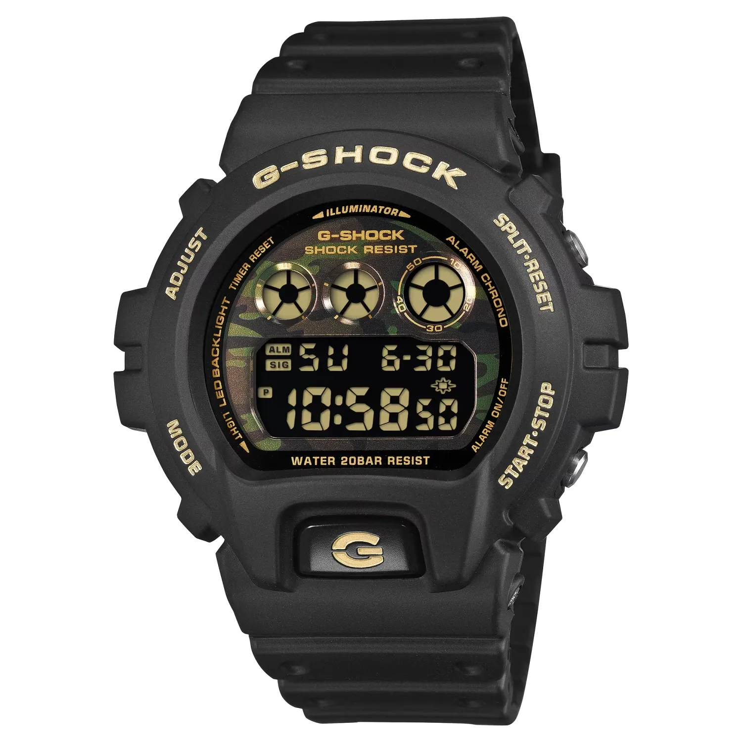 Angled view of the G-SHOCK DW6900CF-1 with a black resin case, camouflage dial, and metallic gold accents.