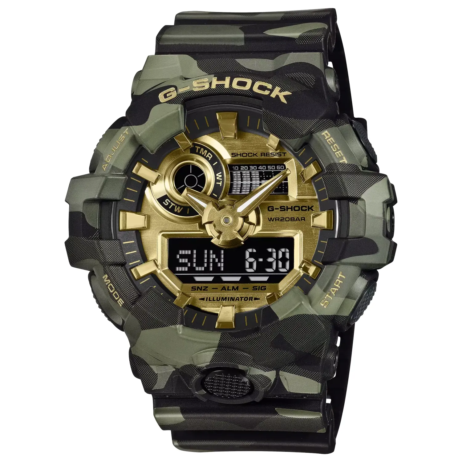Angled view of the G-SHOCK GA700CMG-3A with a green camo case, gold dial, and analog-digital display.