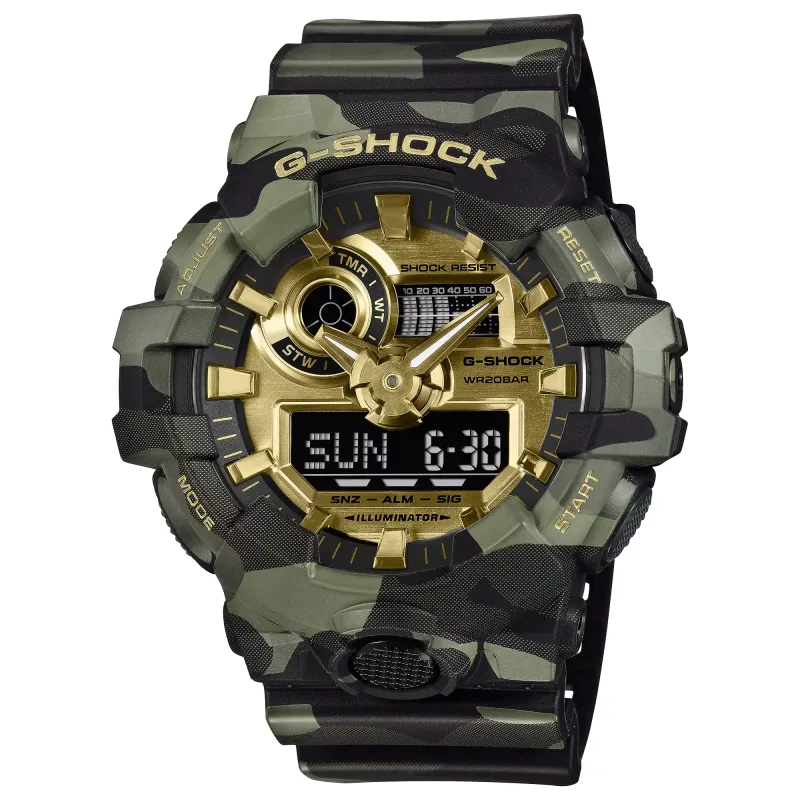 Angled view of the G-SHOCK GA700CMG-3A with a green camo case, gold dial, and analog-digital display.