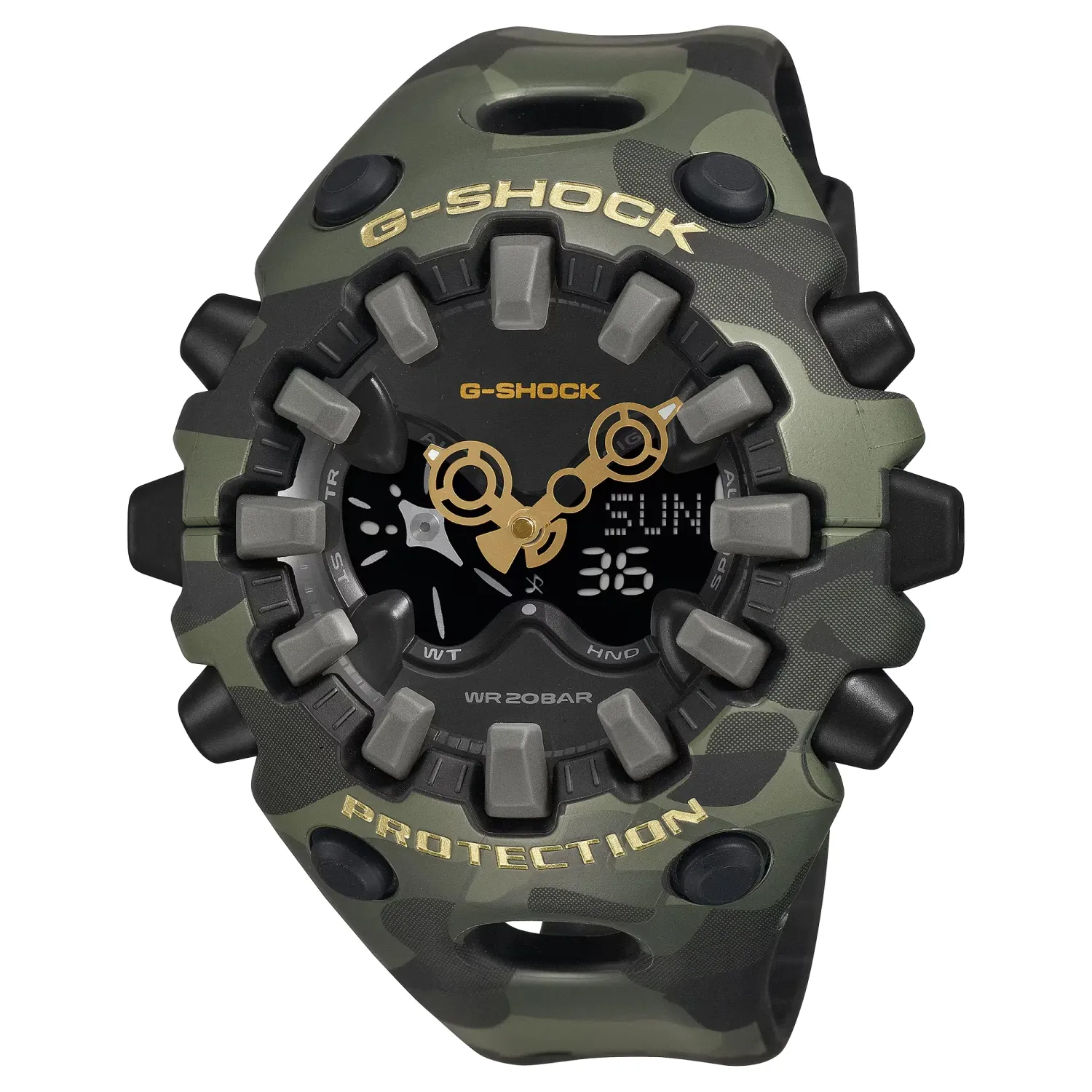 Angled view of the G-SHOCK GA-V01CMG-3A with a green camo case, gold hands, and analog-digital display.