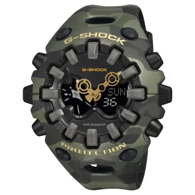 Angled view of the G-SHOCK GA-V01CMG-3A with a green camo case, gold hands, and analog-digital display.