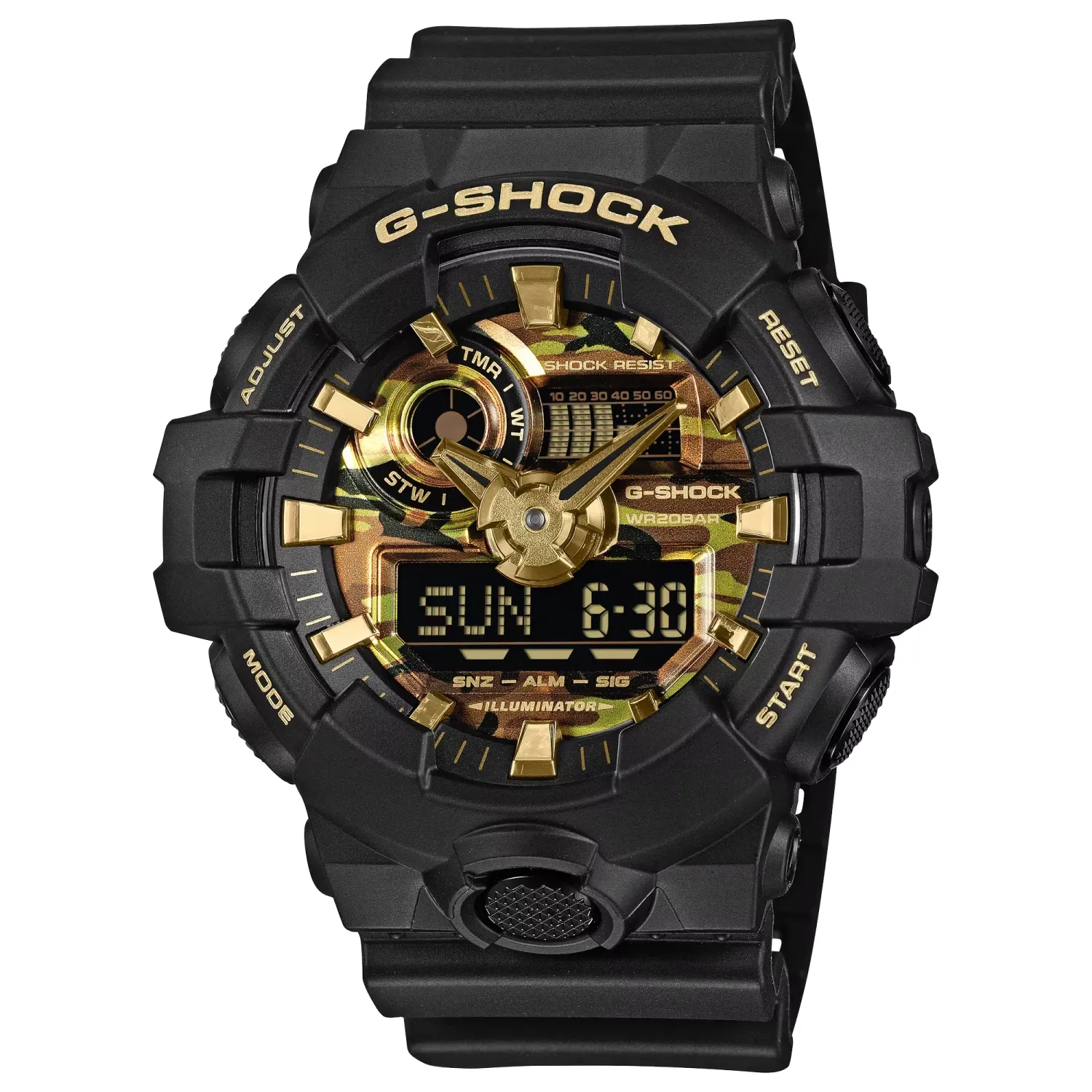 Angled close-up of the G-SHOCK GA700CF-1A with a black resin case, camouflage dial, and gold accents.