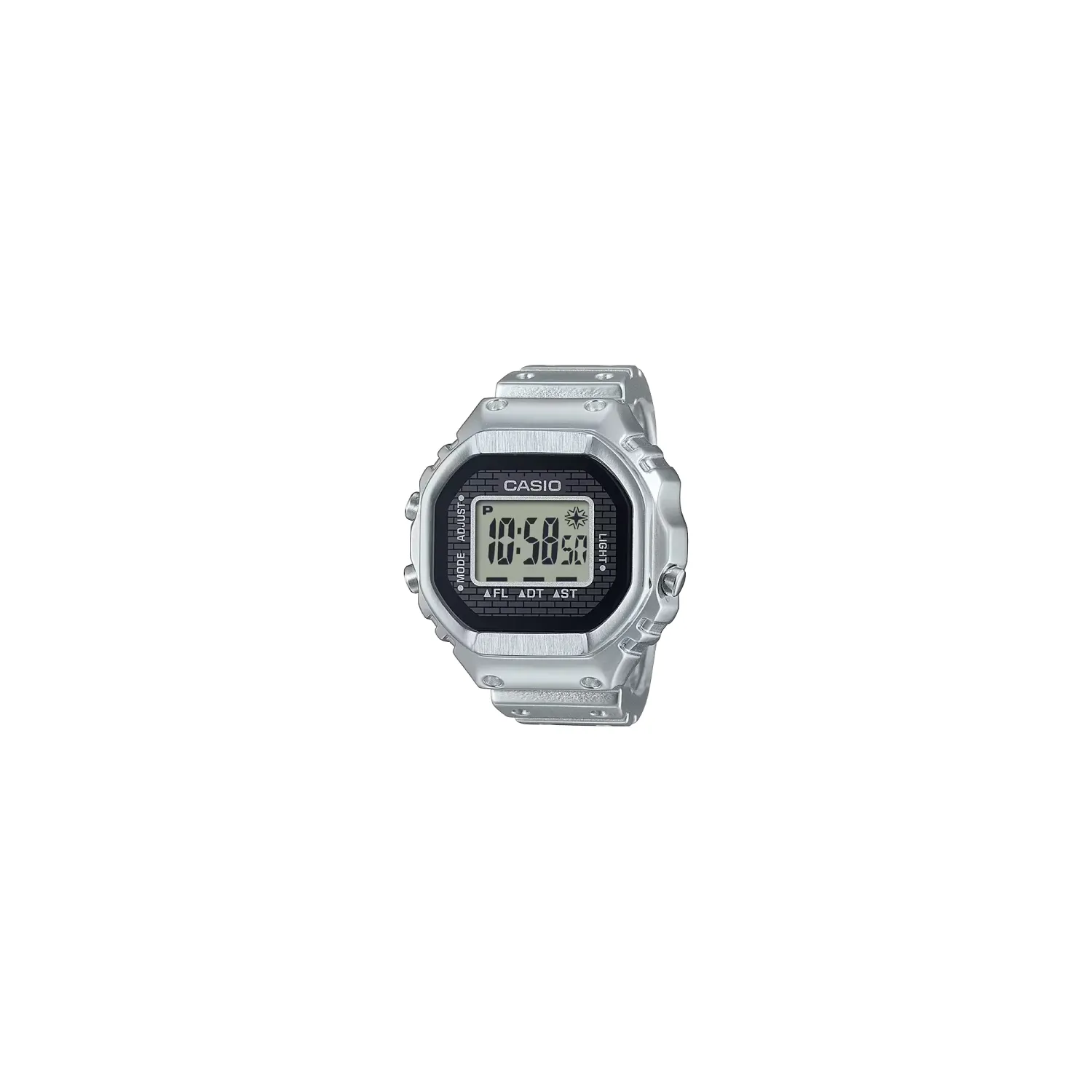 Front angled view of the Casio CRW001-1 silver stainless steel ring watch with digital LCD display.