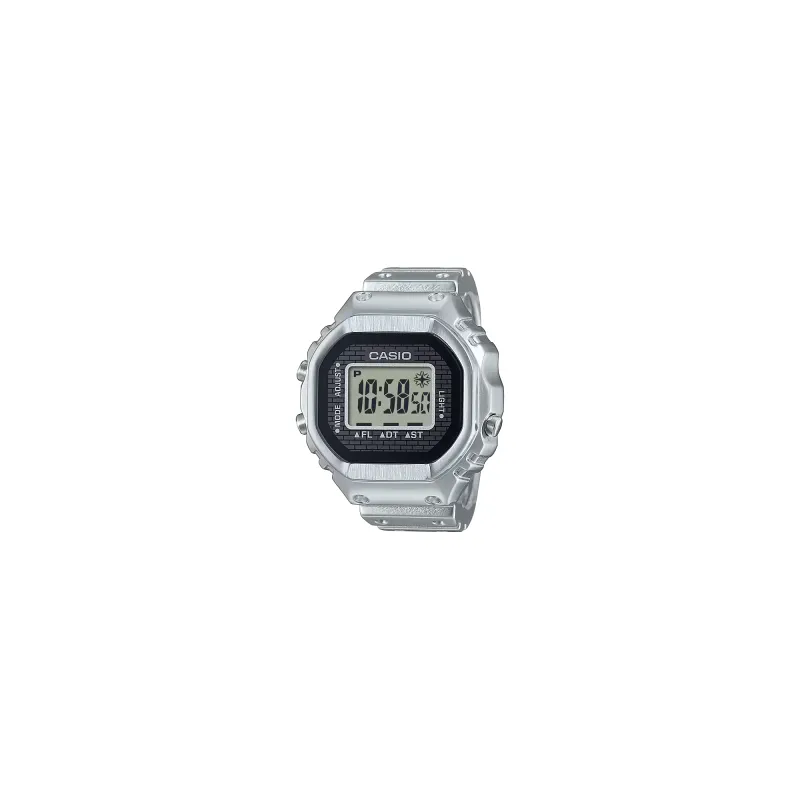 Front angled view of the Casio CRW001-1 silver stainless steel ring watch with digital LCD display.