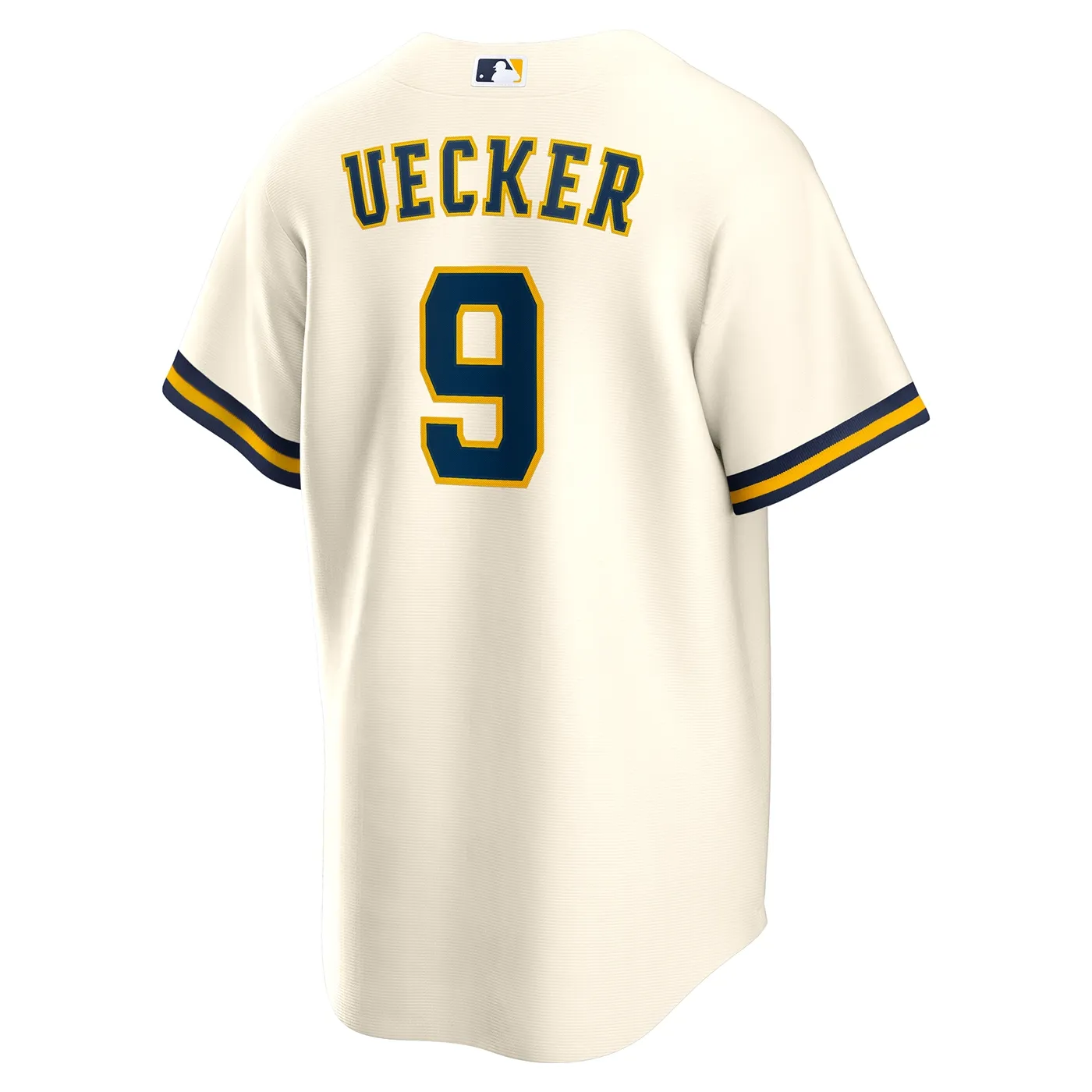 Angled back view of cream Nike Brewers Bob Uecker jersey with his name, navy number 9 and MLB logo at the neck.