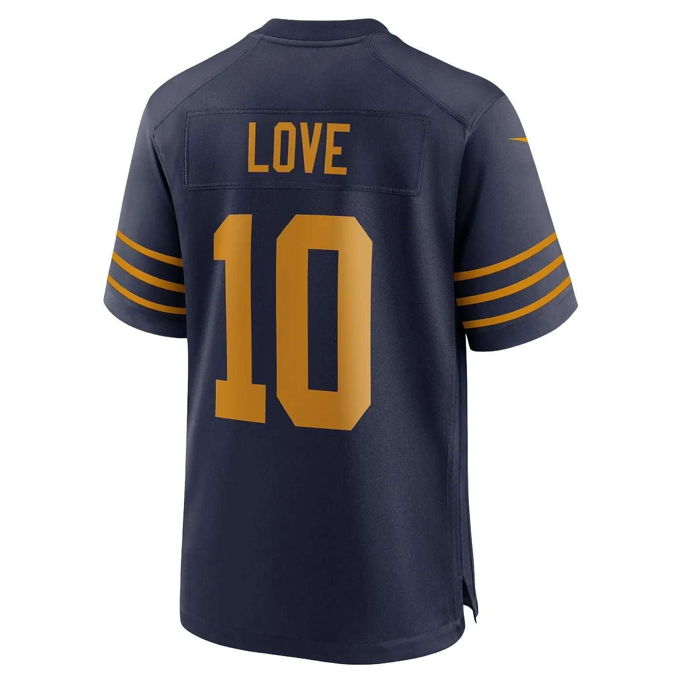 Angled back view of navy Nike Packers Jordan Love 1923 jersey with gold Love name, number 10 and sleeve stripes.