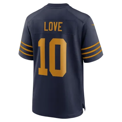 Angled back view of navy Nike Packers Jordan Love 1923 jersey with gold Love name, number 10 and sleeve stripes.