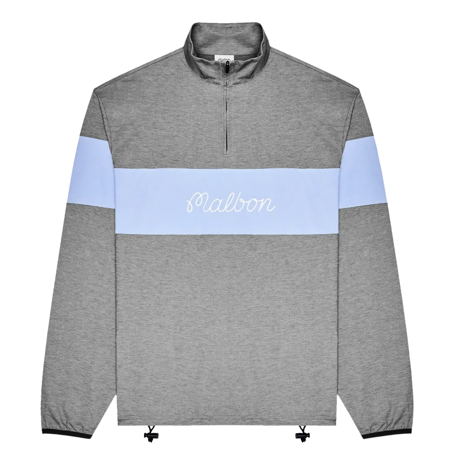 Front product view of the Malbon Horizon Pullover with a grey body, blue chest stripe, and adjustable bungee hem.